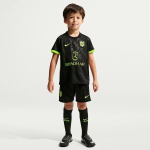 Segunda equipación para niños del Atlético de Madrid 2027. Kit completo de camiseta y pantalón de fútbol para los más pequeños.