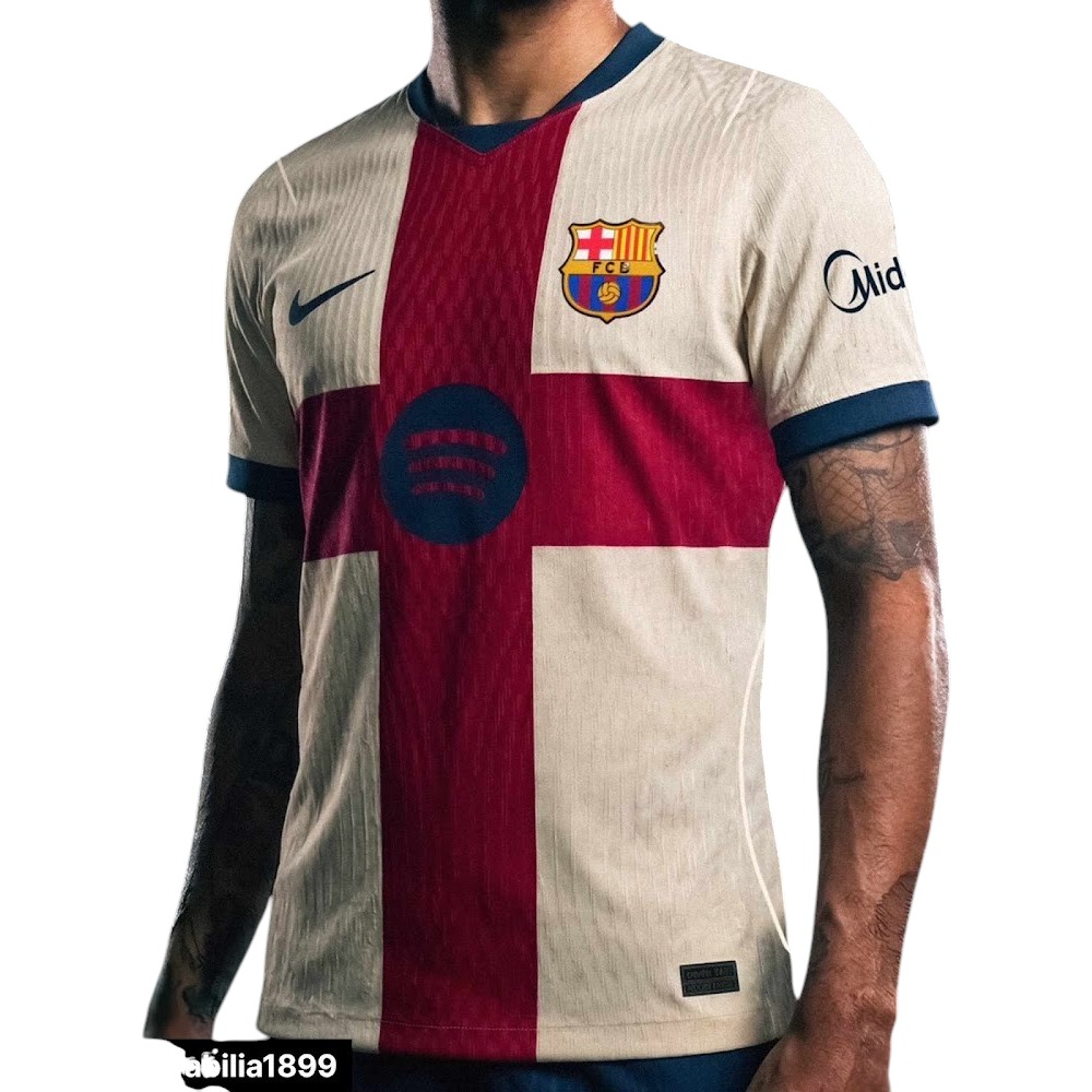 4ª Camiseta FC Barcelona 2027 5 Vista frontal de la 4ª camiseta oficial del FC Barcelona para la temporada 2027. Cuarta equipación del Barça para adulto.