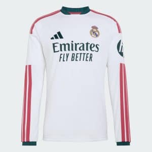 Camiseta manga larga Real Madrid 2027, primera equipación de adulto. Diseño exclusivo y tejido transpirable para aficionados.