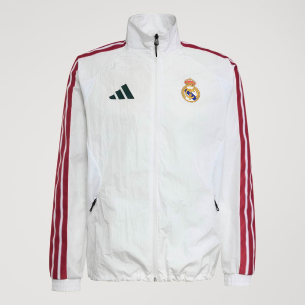 CHAQUETA HINMO REAL MADRID 2026/2027 4 Chaqueta Himno Real Madrid Primera Equipación para adulto, color blanco con detalles dorados. Ideal para aficionados del club.
