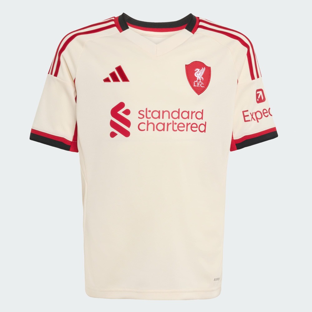 2ª EQUIPACIÓN NIÑOS LIVERPOOL 25/26 6 Kit de la segunda equipación para niños del Liverpool temporada 2025-2026. Camiseta y pantalón oficiales del LFC para niño.