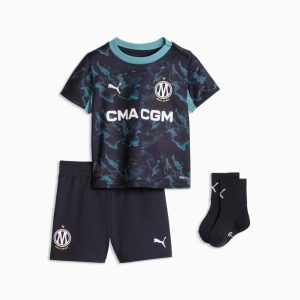 Segunda equipación de fútbol para niños del Olympique de Marseille temporada 26/27. Uniforme oficial de visitante para infantil.