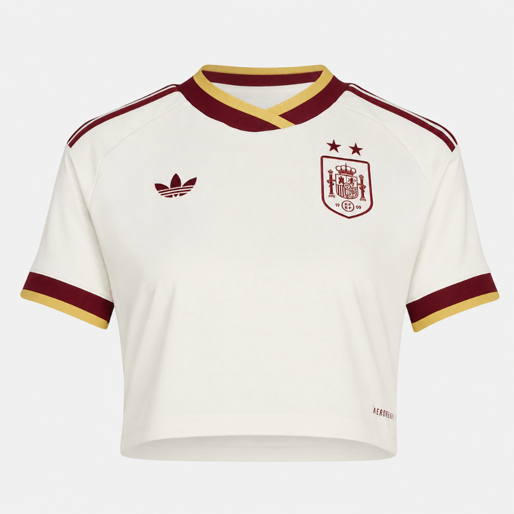 CAMISETA CORTA VISITANTE MUJER ESPAÑA 2 ESTRELLAS 26 2 Equipación de fútbol para mujer de España, segunda camiseta en tono blanco/beige con el escudo de 2 estrellas.