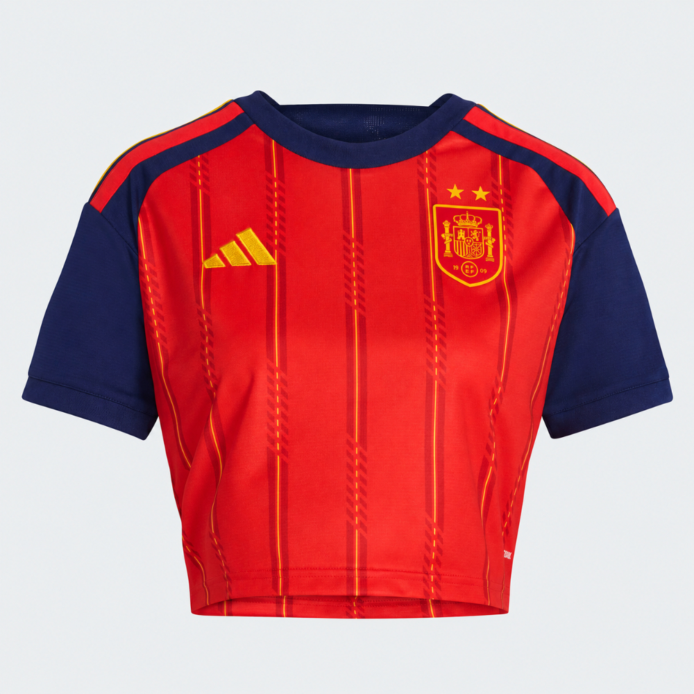 CAMISETA CORTA MUJER ROJA ESPAÑA 2 ESTRELLAS 2026 5 Equipación principal de mujer de la selección española, camiseta roja con las dos estrellas de campeona del mundo.