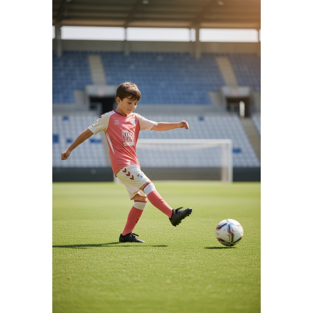 2ª Equipación Malaga Niños 2026/27 2 Imagen de la segunda equipación de fútbol del Málaga CF para niños, temporada 2026/27. Camiseta y pantalón de visitante.