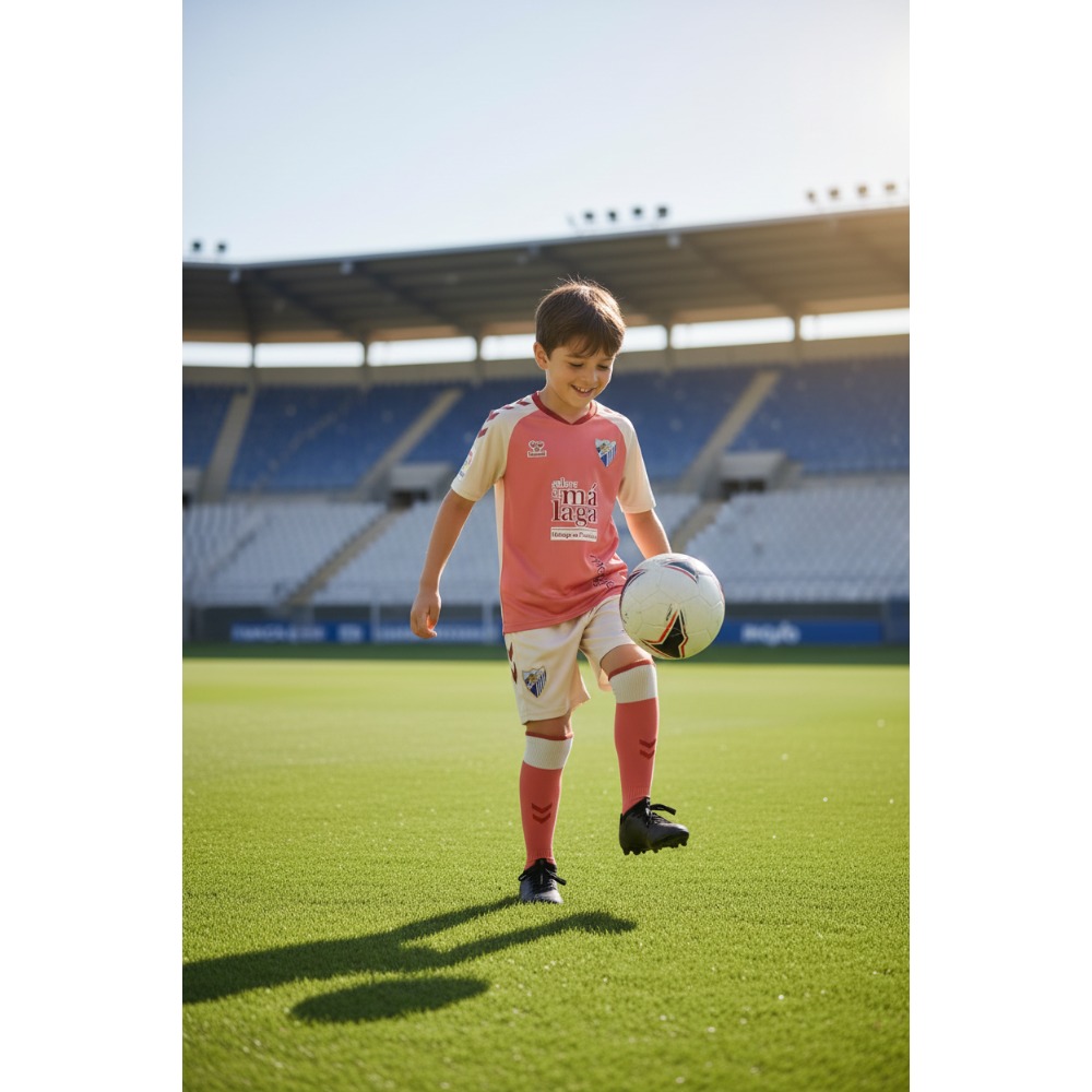 2ª Equipación Malaga Niños 2026/27 3 Imagen de la segunda equipación de fútbol del Málaga CF para niños, temporada 2026/27. Camiseta y pantalón de visitante.