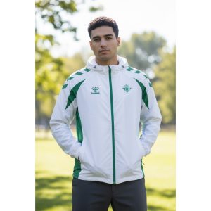 Camisetas del Betis 7 Chaqueta cortavientos oficial del Real Betis Balompié para la temporada 2027 en color blanco. Ropa de entrenamiento para adulto.
