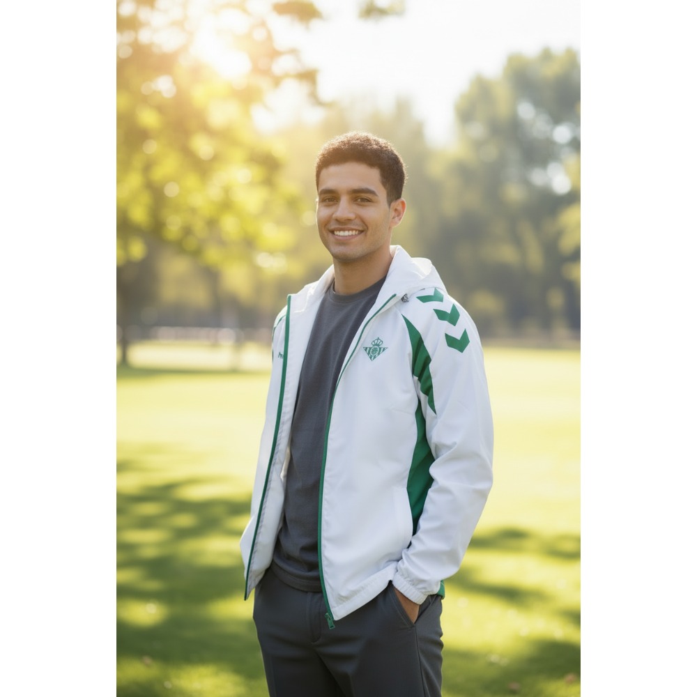 Chaqueta Cortavientos Real Betis 2027 Blanco 3 Chaqueta cortavientos oficial del Real Betis Balompié para la temporada 2027 en color blanco. Ropa de entrenamiento para adulto.