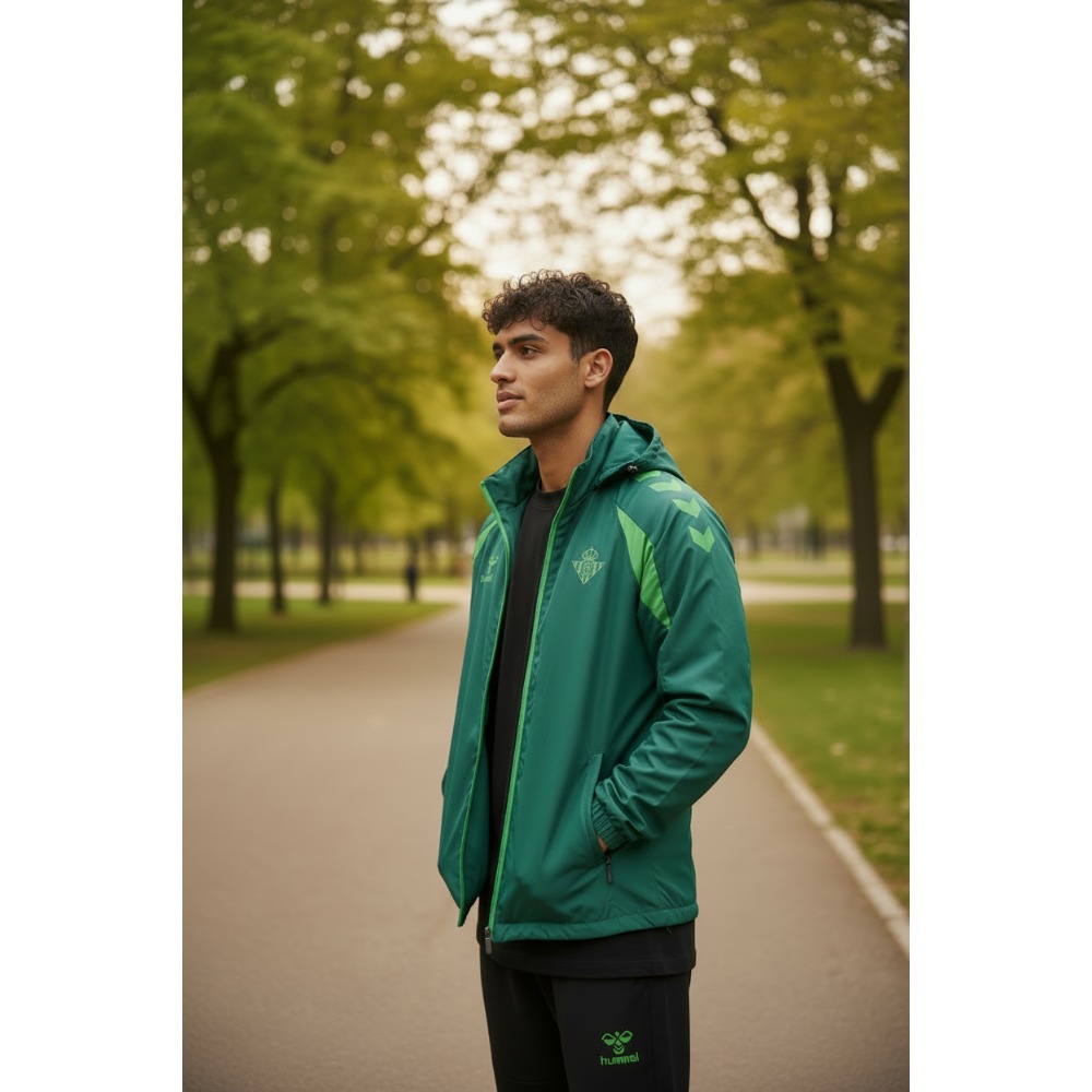 Chaqueta Cortavientos Real Betis 2027 Verde 3 Chaqueta cortavientos oficial del Real Betis Balompié para la temporada 2027 en color verde, vista frontal para adulto.