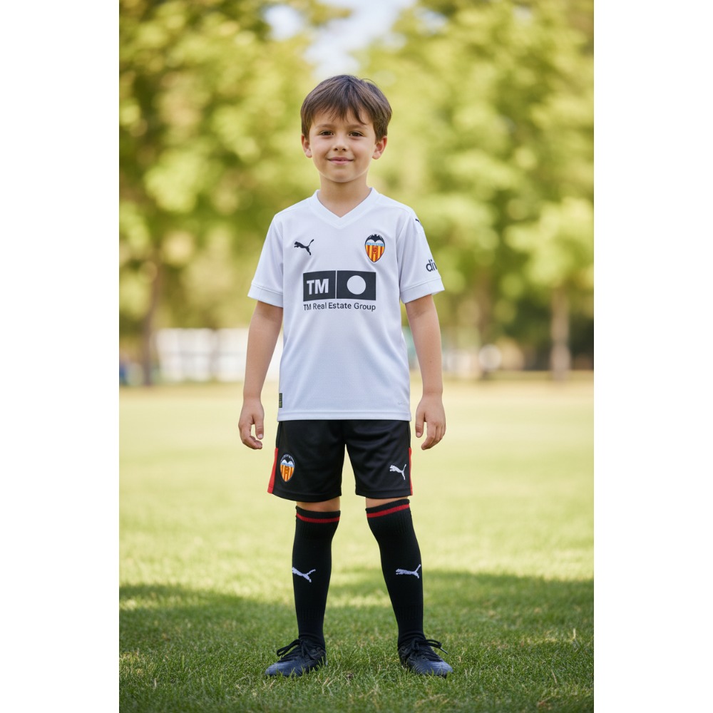 Equipación Valencia Niños 26/27 1 Primera equipación oficial del Valencia CF para niños temporada 26/27. Conjunto de camiseta y pantalón para los más pequeños.