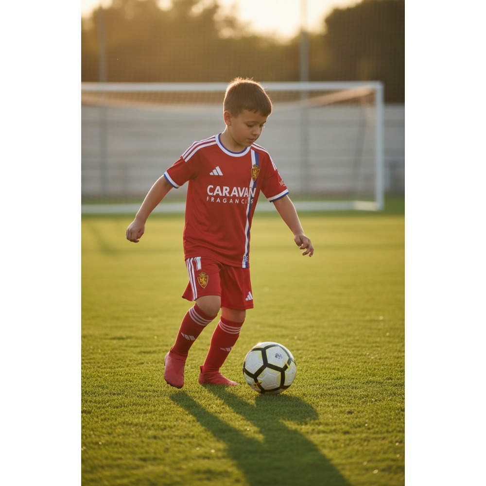 2ª Equipación Zaragoza Niños 26-27 3 Segunda equipación oficial del Real Zaragoza para niños de la temporada 2026-2027. Kit de camiseta y pantalón visitante.