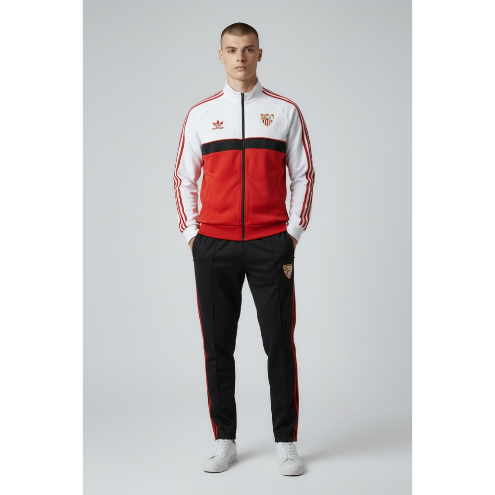 Chándal Sevilla 2026/27 3 Chándal oficial del Sevilla FC para la temporada 2026/27. Conjunto de chaqueta y pantalón de la primera equipación de adulto.