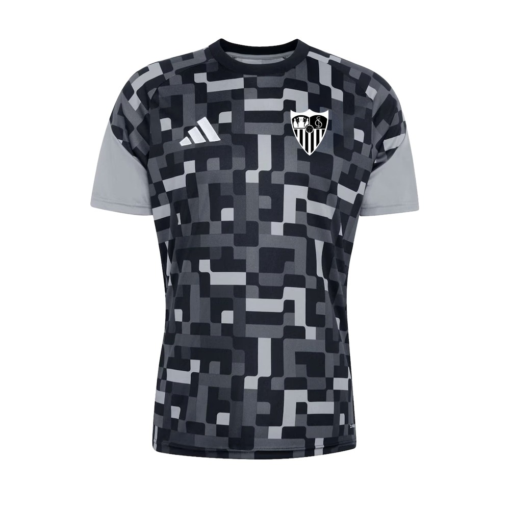 Camiseta Prematch Sevilla 26/27 Negra 4 Camiseta de calentamiento Prematch del Sevilla FC para la temporada 26/27 en color negro para adulto. Visto frontal.