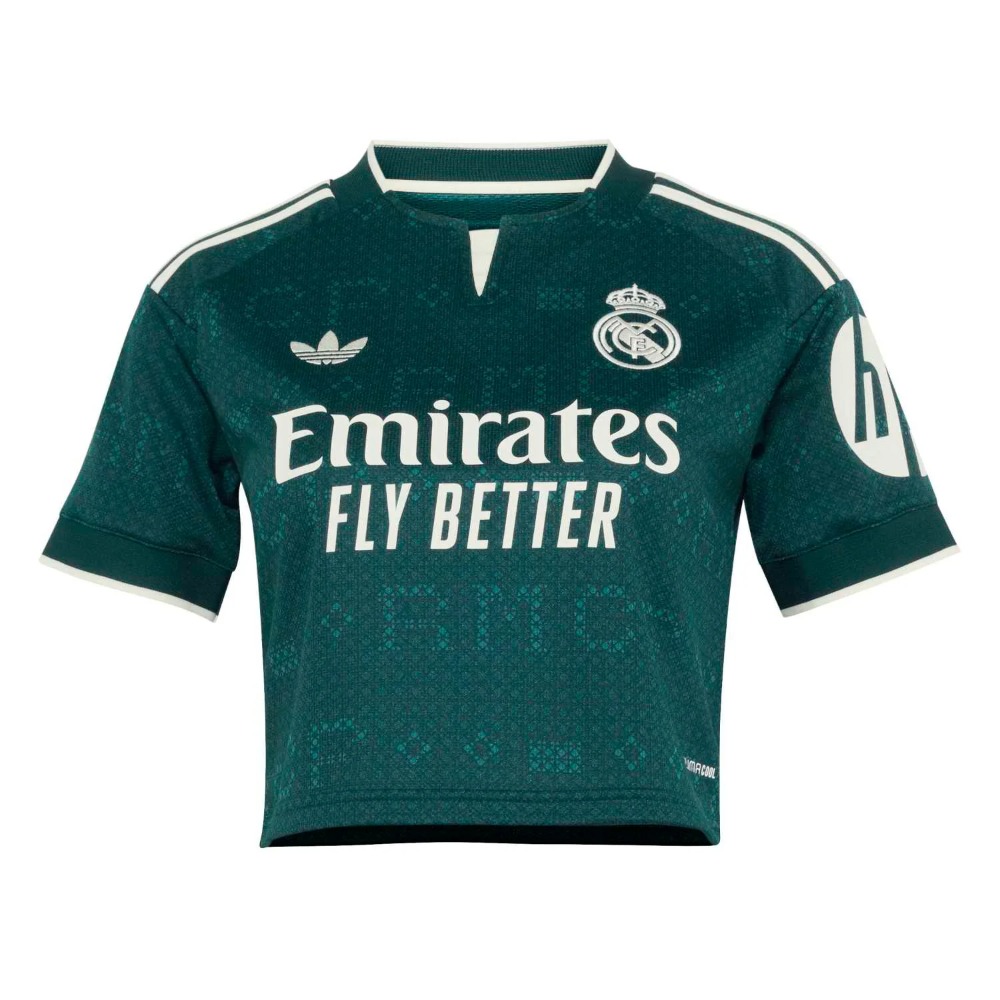 Camiseta Real Madrid Cropped Mujer Verde 26/27 1 Camiseta cropped de la segunda equipación del Real Madrid para mujer, color verde, temporada 26/27.